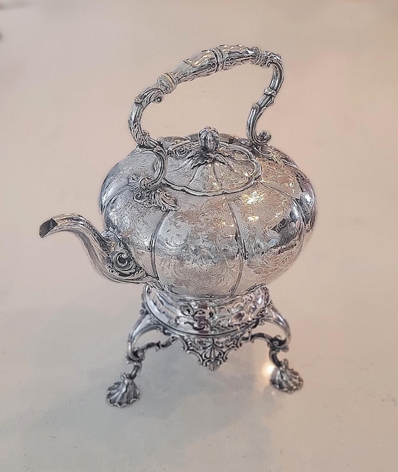 Antique English Tilting Hot Water Kettle on Stand – Silver on Copper – Ornate Victorian Tea Kettle – Burner & Stand Included