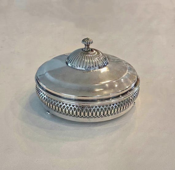 Vintage Crescent Silverware Silver on Copper Covered Relish Dish | 3-Part Glass Insert | Pierced Silverplate Server