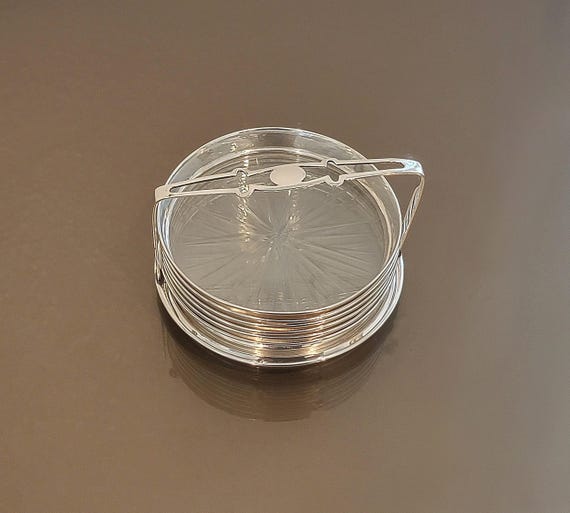 Vintage Sterling Silver & Crystal Coaster Set – Set of 6 with Holder – Mid-Century Modern Starburst Design