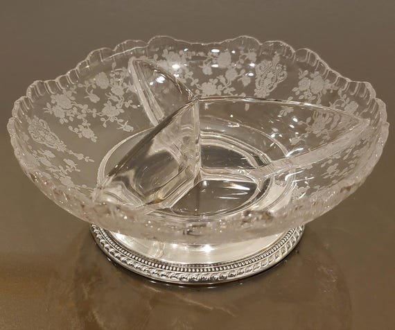 Vintage Cambridge Rose Point 3-Part Relish Dish | Wallace Sterling Silver Base 4641 | Etched Crystal | 6.5 Inch
