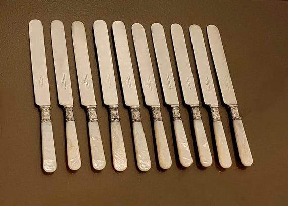 Set of 10 Mother of Pearl Sterling Banded Knives