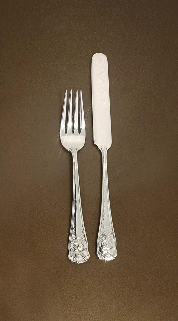 Antique Gorham Sterling Silver Youth Knife & Fork – Art Nouveau Girl in Bonnet – Figural Child Flatware Set – 2.18 Troy Oz