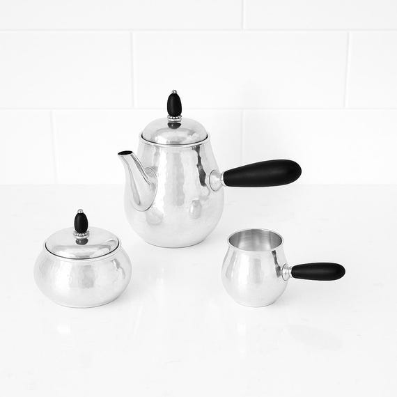 Georg Jensen Hand-Hammered Sterling Silver Demitasse Set - Danish Modern Coffee Set with Ebony Handles - Rare Vintage Scandinavian Design