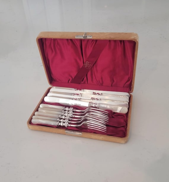 Elegant American Antique Mother of Pearl Flatware Set – Sterling Silver Mounted Dinner Knives & Forks for 6 – Original Presentation Box