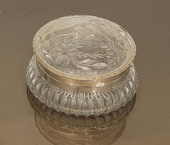Vintage Pairpoint Glass Dresser Jar – Large Cut Glass Powder/ Jewelry Box with Silver Rim  – Antique Vanity Jar