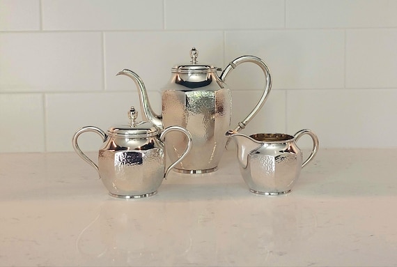 Post-WWII Japanese Solid Silver Demitasse Set | Hand-Hammered Finish | Vermeil Interior | 3-Piece Coffee Service