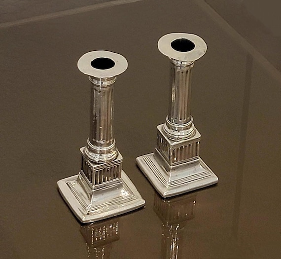 Pair of Antique Silver Column Candlesticks – Neoclassical Design, Hand-Made with “J·P” Initials, New Orleans Estate