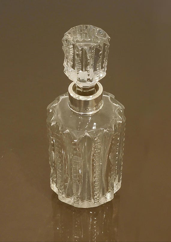 Antique English Tipple Bottle Cut Crystal Decanter Sterling Silver Collar Hallmarked 7 Inch Barware Liqueur Decanter