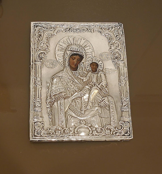 Vintage Greek Orthodox Sterling Silver Theotokos Icon Riza, 4 Troy Oz Sterling, Byzantine Madonna & Child on Original Wood Panel