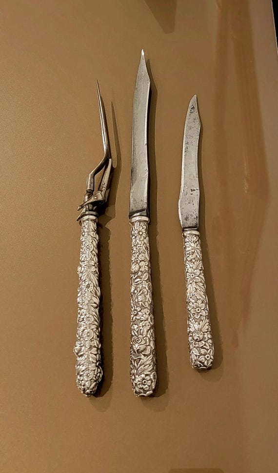 Antique Carving Set - Full Repousse by S. Kirk & Son Sterling Handles