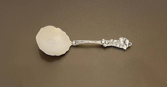 Art Nouveau Poppy Sterling Silver Bon Bon Spoon by Paye & Baker, ca. 1900 – Monogram “G” – Matte Gilt Bowl – 5-1/2"