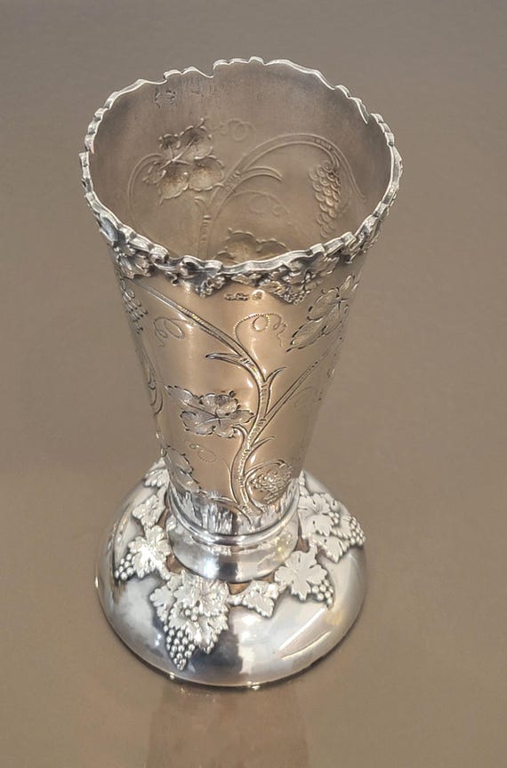 Antique English Sterling Silver Vase – 8" Georgian Era, London 1791, Grapevine Motif, Silver on Copper Cap (Base Repair)