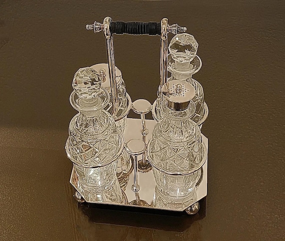 Daniel & Arter EPNS Cruet Set, 4 Cut Glass Bottles, English Silverplate Condiment Caddy, Early 20th Century