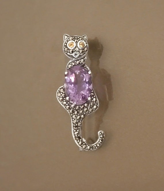 Marcasite and Amethyst Sterling Silver Cat Pin