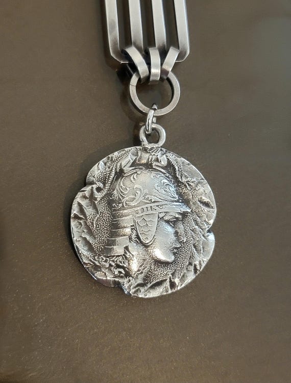 Vintage Sterling Silver Watch Fob Pendant – 6.5” Art Deco Chain with Classical Warrior Medallion – 19.6 Grams