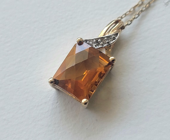 Vintage Citrine Diamond Necklace 10K Gold Pendant 14K Italian Gold Chain Aurafin 20" Estate Jewelry