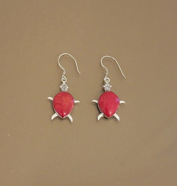 Sterling and Coral Sea Turtle Earrings