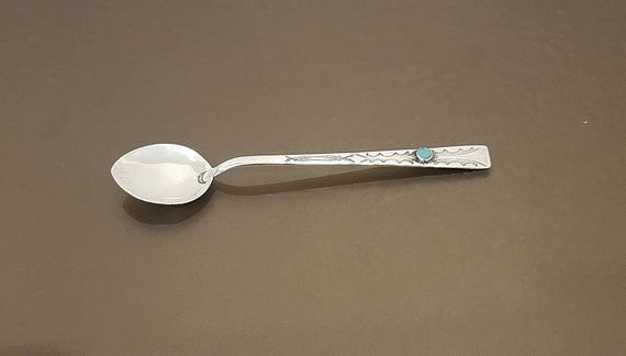 Vintage Sterling Silver Turquoise Demitasse Spoon – Hand Engraved Southwestern Design – 5-1/8”