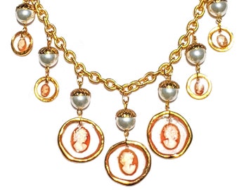 Shell Hand Carved Vintage Cameos in Clear Resin Necklace Swarovski White Pearls Gay Isber