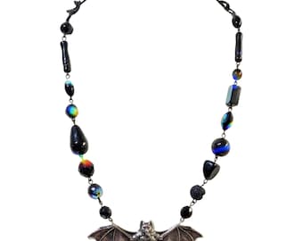 Handmade Bat Statement Necklace | Rhodium-Plated Bat Pendant | Halloween Jewelry | Artisan Made in Austin Texas