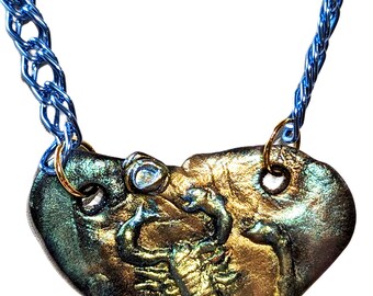 Handmade Scorpio Plaque Necklace, Iridescent Gold Accent, 18" Blue Chain