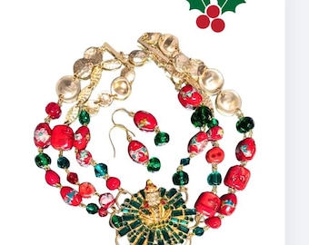 Handmade Christmas Statement Necklace Earrings Set, Red Green Gold Rhinestone Medallion, Wearable Art
