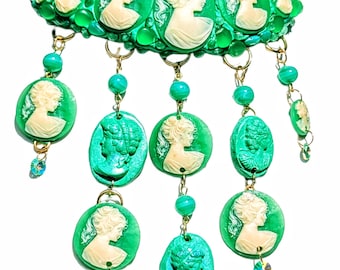 Vintage Green Cameo Statement Hand Made Necklace One-of-a-kind Sugar Gay Isber