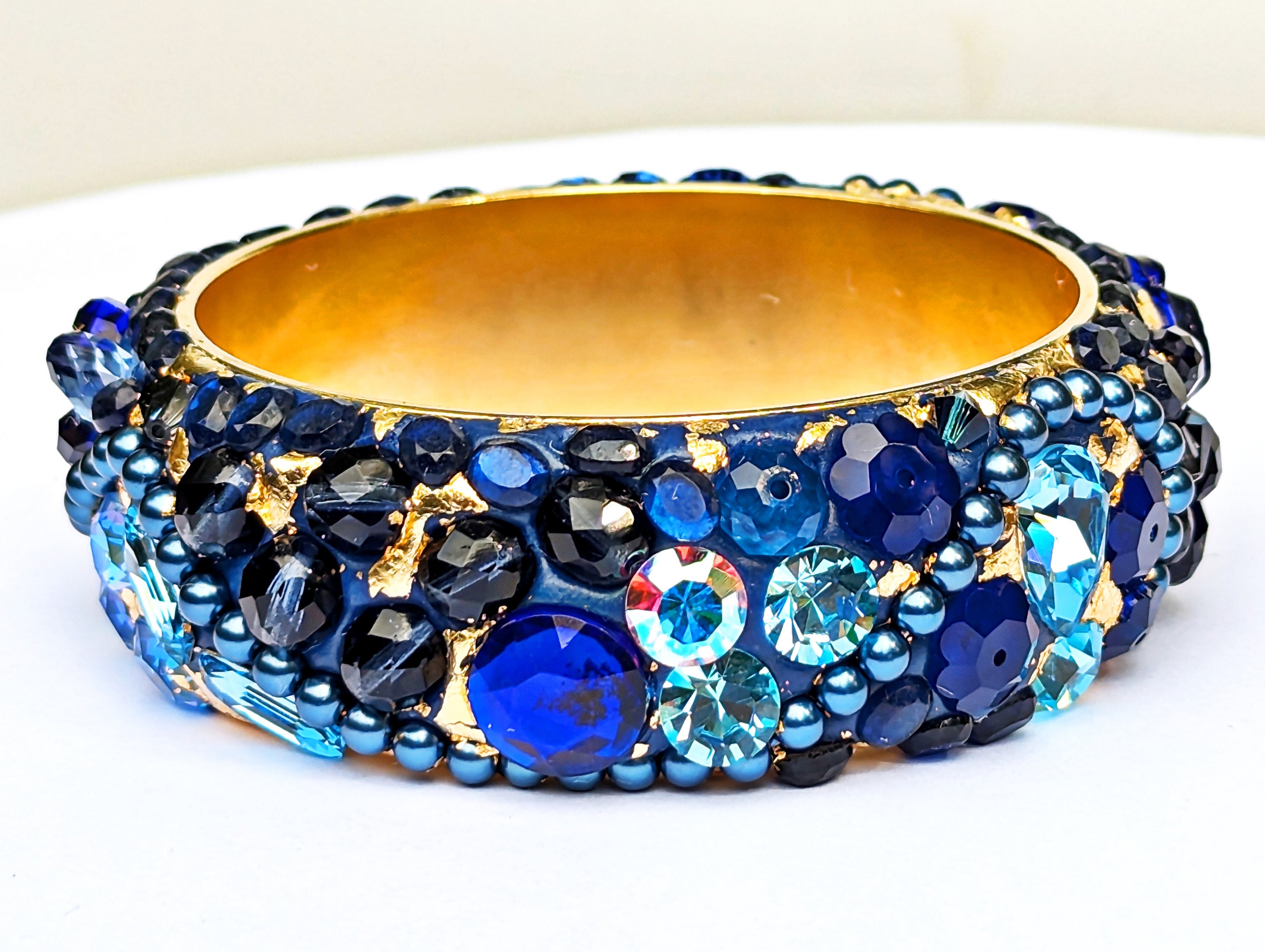 Blue and Gold Bangle Bracelet Hand Made Vintage beads one of one Sugar Gay Isber USA one of one