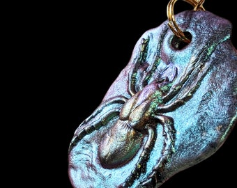 Handmade Golden Orb Weaver Spider Necklace, Teal Blue Chain