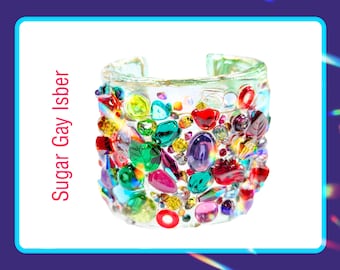Veelkleurige confetti 2,5 inch brede doorzichtige hars manchetarmband vintage Swarovski-stenen handgemaakt duurzaam VS Sugar Gay Isber vakantie