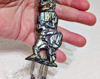 Vintage Robot Halloween Necklace – Handmade Silver Chain, Swarovski Crystals