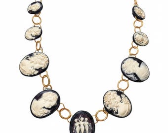 Vintage Cameo Collar Necklace | Black Cream Victorian Jewelry, Wearable Art