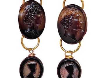 Vintage Glass Cameo & Nefertiti Drop Earrings | Egyptian Revival Jewelry