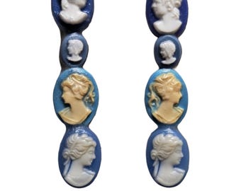 Blue White Cameo Earrings, Vintage Portraits, Victorian Style Statement Jewelry