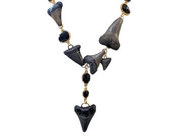 Wearable Art Necklace Fossil Shark Teeth & Crystal Skull Statement Necklace One-of-a-Kind Ocean Jewelry  Handmade