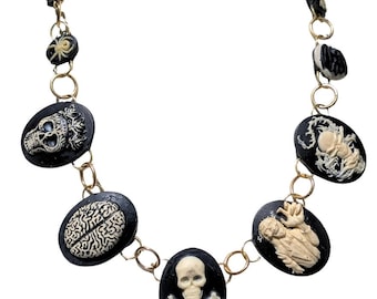 Gothic Halloween Cameo Necklace, Bad Things Skull and Anatomical Statement Jewelry