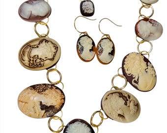 Autumn Cameo Collar & Earring Set | One-of-a-Kind Brown Vintage Cameo Jewelry