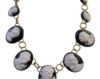 Black White Vintage Cameo Necklace, Wearable Art Statement Collar, Handmade Texas Studio