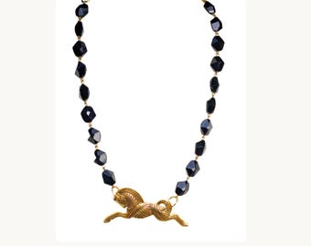Jet Black Swarovski Crystal Statement Necklace, Greek Inspired Horse, One of a Kind, Adjustable to 22 Inches