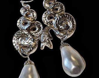 Extra Large Snake & Baroque Pearl Statement Earrings – Imitation Rhodium Bridal Jewelry