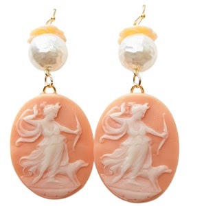 ANGEL SKIN EARRINGS Pink Cameo Earrings Retro Style Art Nouveau Vintage Pearls Sugar Gay Isber Great gift for Mom Gold Hooks
