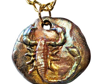 Handmade Scorpio Pendant: Gold Steel, Epoxy Clay, Swarovski Charm