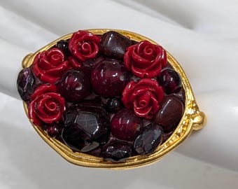 Burgundy Garnet Rose Statement Ring - Unisex, Adjustable Gold-Plated Base - Free US Shipping Sugar Gay Isber