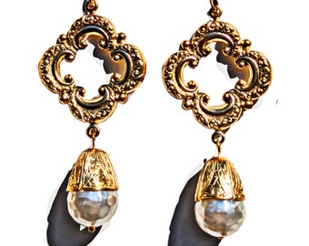 Vintage Baroque Pearl Earrings, 24K Gold Plated, Handmade USA