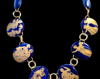 Cobalt Blue Classical Cameo Necklace | Gold Greek Roman Style Statement Necklace Limited Handmade Jewelry