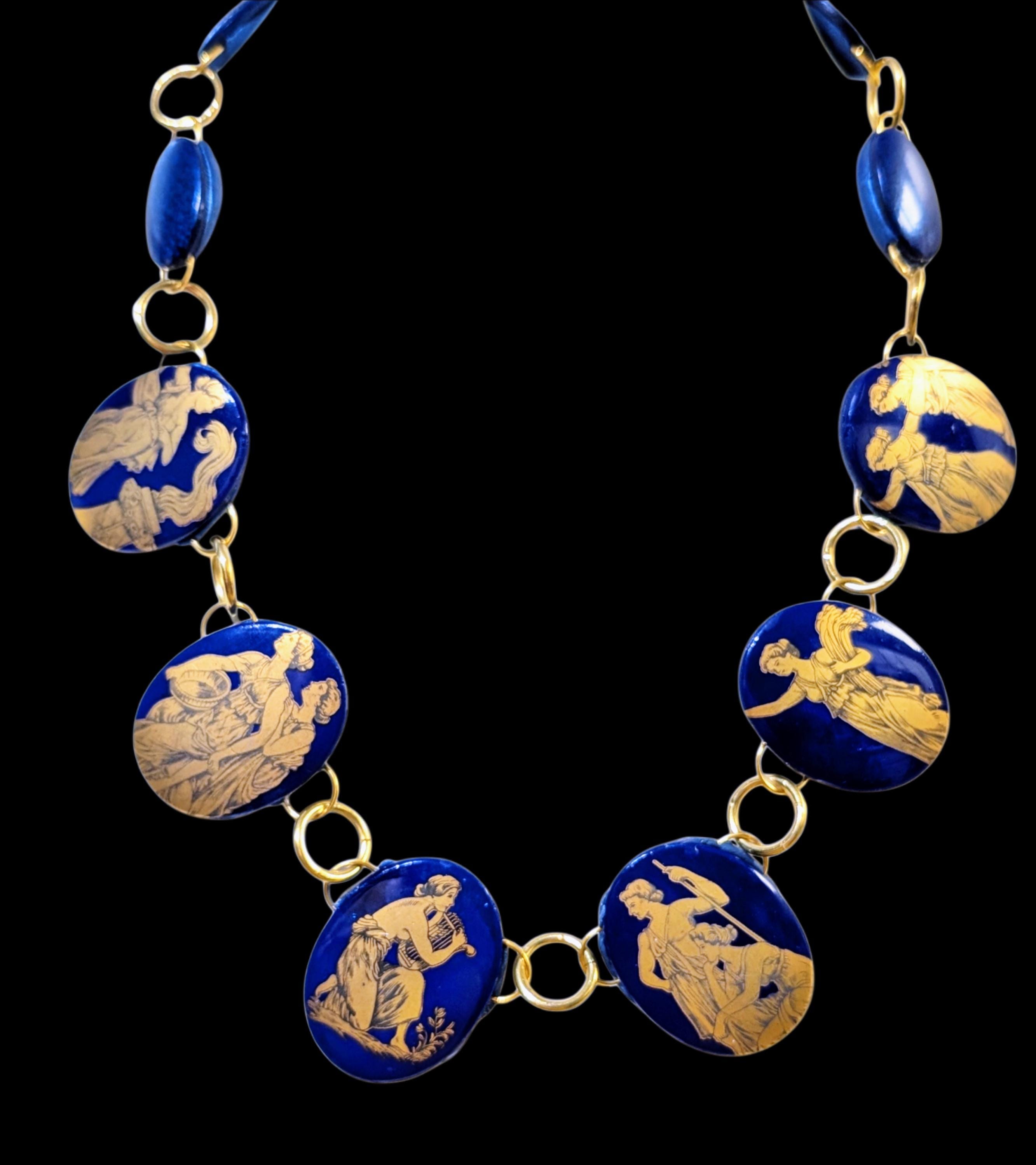 Cobalt Blue Classical Cameo Necklace Gold Greek Roman Style Statement Necklace Limited Handmade Jewelry