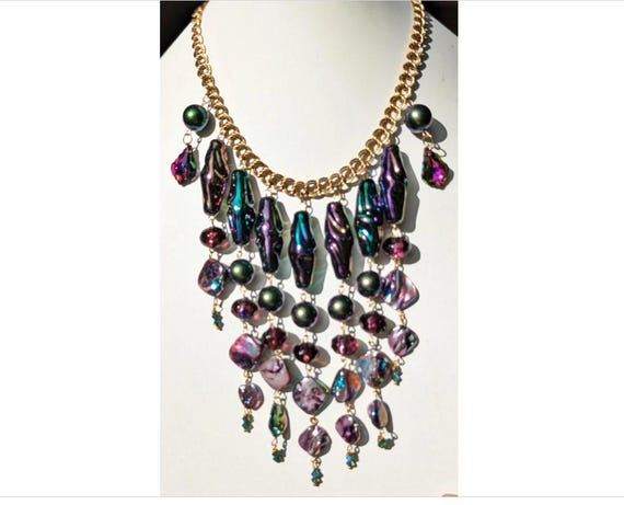 Unique Vintage-Inspired Purple Green BIB Necklace 1970s Austrian AB Acrylic Beads and Swarovski Crystals - 1 of 1 Created by Sugar Gay Isber
