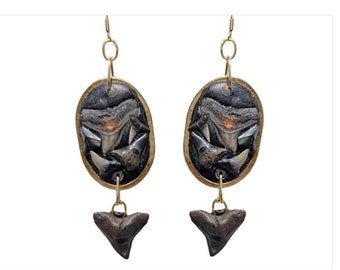 Double Stacked Fossilized Shark Teeth Earrings Designed Hand Made by Award-Winning Artist Sugar Gay Isber Spoils of the Sea
