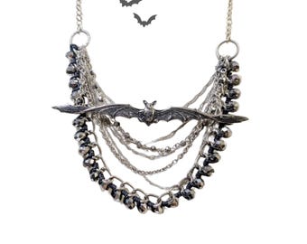Silver Sparkle Bat Necklace Halloween Necklace 22 inches Gothic Glam