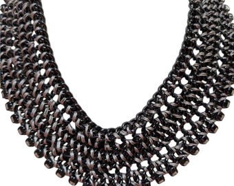 Gunmetal Veil Collar | Silk-Laced Chain Statement Necklace with Crystal Cup Chain | Cleopatra Inspired Handmade